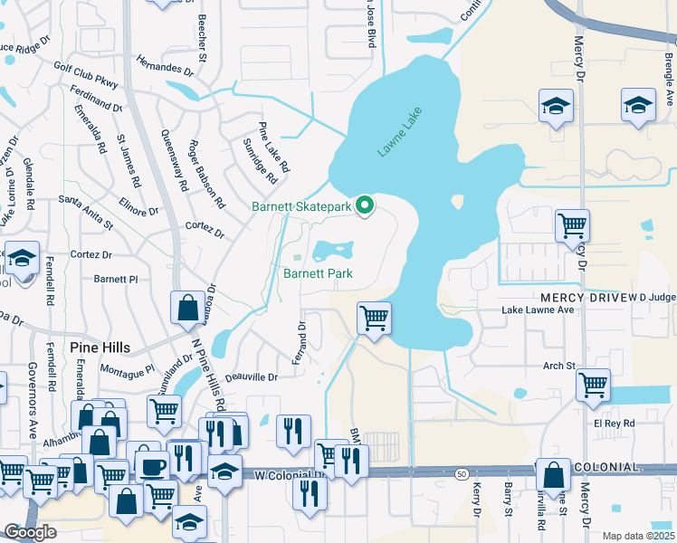 map of restaurants, bars, coffee shops, grocery stores, and more near 4801 West Colonial Drive in Orlando