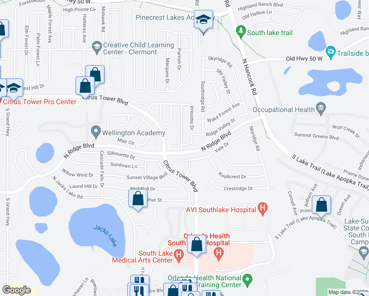 map of restaurants, bars, coffee shops, grocery stores, and more near 101 Pacific Avenue in Clermont
