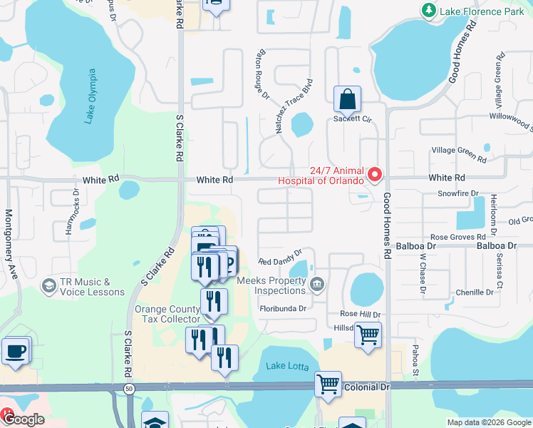 map of restaurants, bars, coffee shops, grocery stores, and more near 9106 Pristine Circle in Orlando