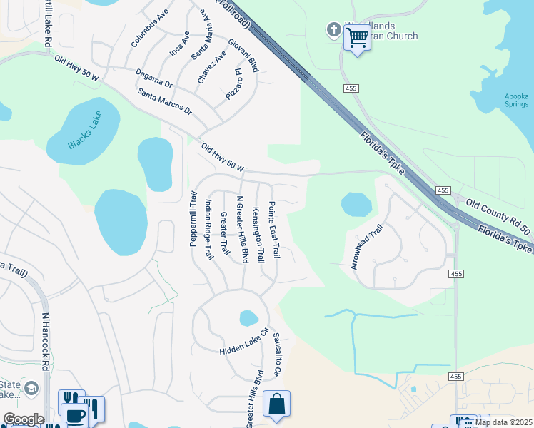 map of restaurants, bars, coffee shops, grocery stores, and more near 15808 Watermill Court in Clermont