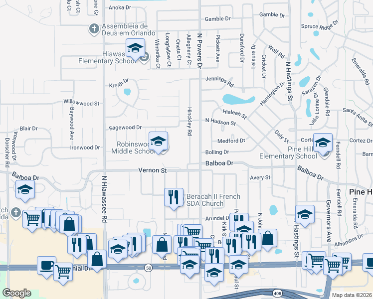 map of restaurants, bars, coffee shops, grocery stores, and more near 1626 Hinckley Road in Orlando