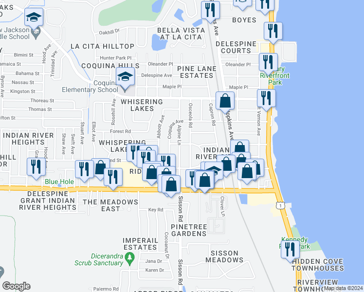 map of restaurants, bars, coffee shops, grocery stores, and more near 4405 Alpine Lane in Titusville