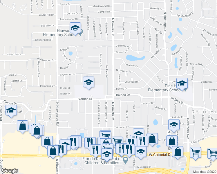 map of restaurants, bars, coffee shops, grocery stores, and more near 1609 Hinckley Road in Orlando