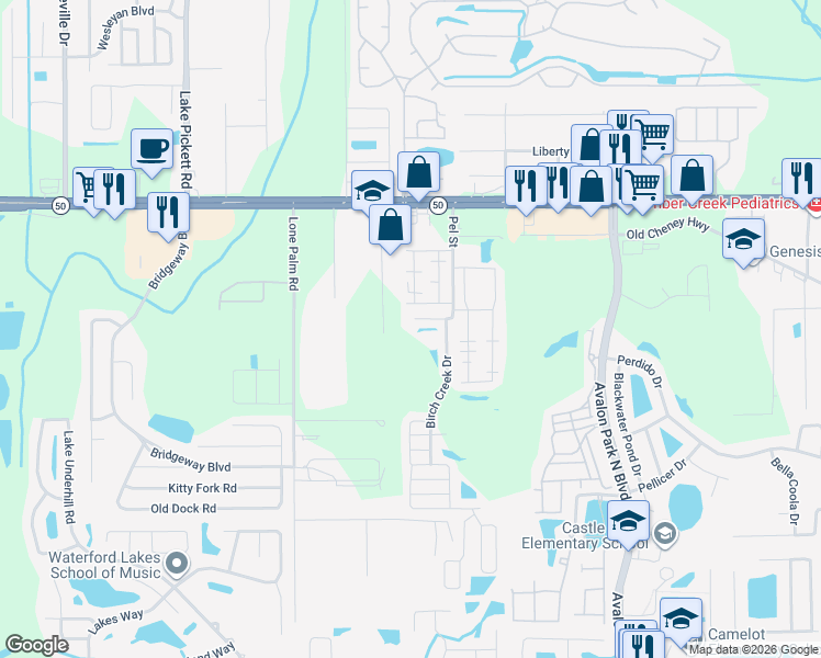 map of restaurants, bars, coffee shops, grocery stores, and more near 14001 Ash Grove Court in Orlando
