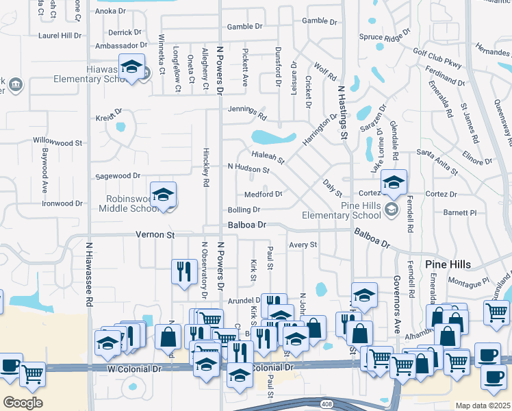 map of restaurants, bars, coffee shops, grocery stores, and more near 6143 Bolling Drive in Orlando