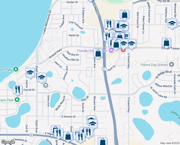 map of restaurants, bars, coffee shops, grocery stores, and more near 204 Brookdale Loop in Clermont