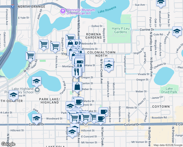 map of restaurants, bars, coffee shops, grocery stores, and more near 1200 Spokane Avenue in Orlando