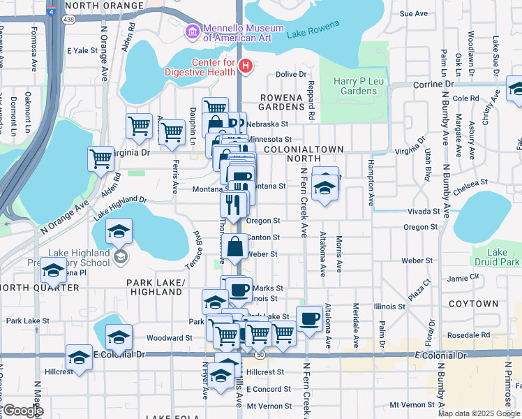 map of restaurants, bars, coffee shops, grocery stores, and more near 1201 Portland Avenue in Orlando