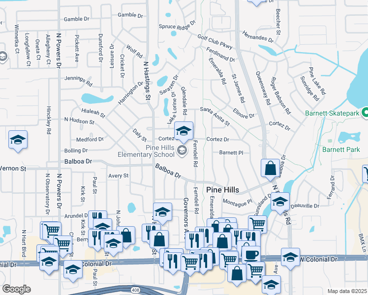 map of restaurants, bars, coffee shops, grocery stores, and more near 5624 Cortez Drive in Orlando