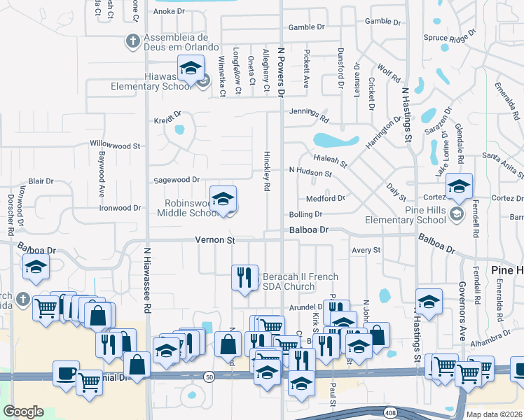 map of restaurants, bars, coffee shops, grocery stores, and more near 1626 Hinckley Road in Orlando