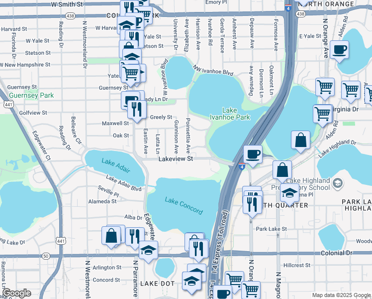map of restaurants, bars, coffee shops, grocery stores, and more near 1118 Poinsettia Avenue in Orlando