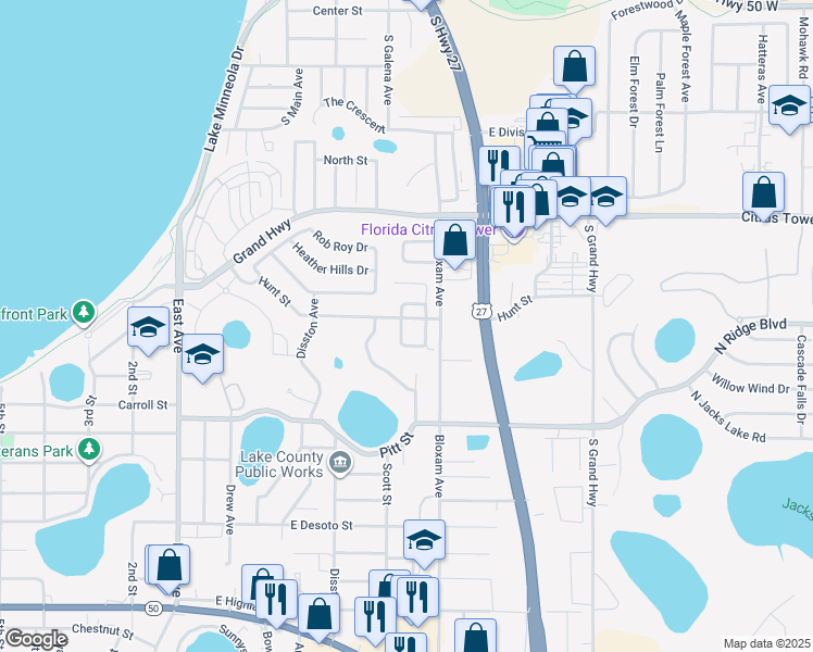 map of restaurants, bars, coffee shops, grocery stores, and more near 304 Brookdale Loop in Clermont