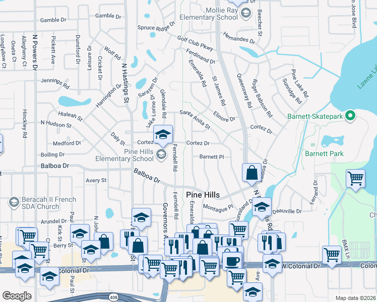 map of restaurants, bars, coffee shops, grocery stores, and more near 1106 Emeralda Road in Orlando