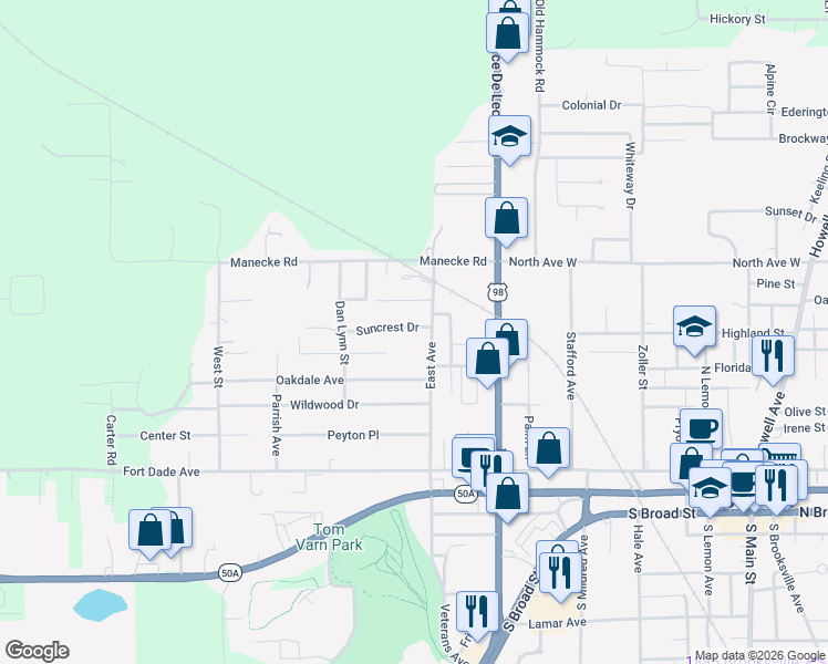 map of restaurants, bars, coffee shops, grocery stores, and more near 20125 Suncrest Drive in Brooksville