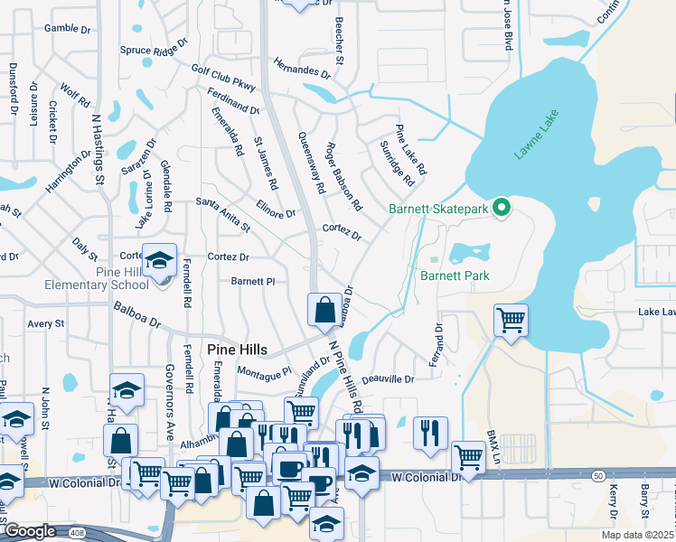 map of restaurants, bars, coffee shops, grocery stores, and more near 1601 Pontiac Court in Orlando