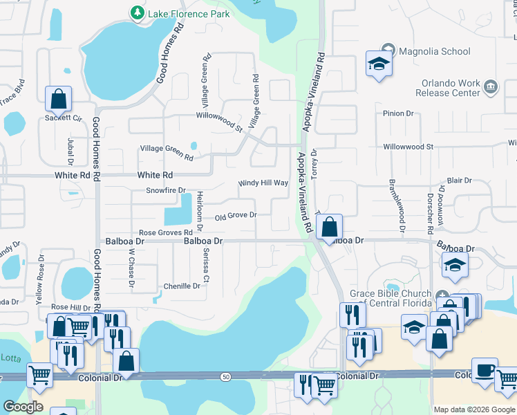 map of restaurants, bars, coffee shops, grocery stores, and more near 1409 High Grove Way in Orlando