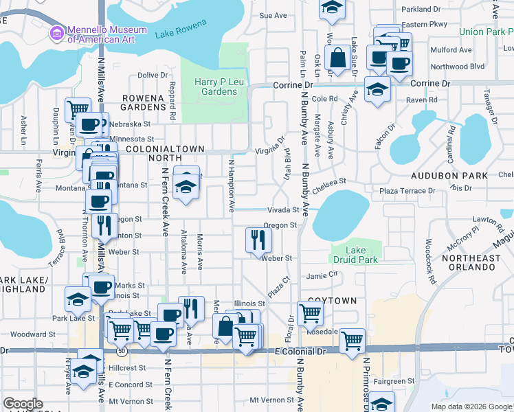 map of restaurants, bars, coffee shops, grocery stores, and more near 2111 Vivada Street in Orlando