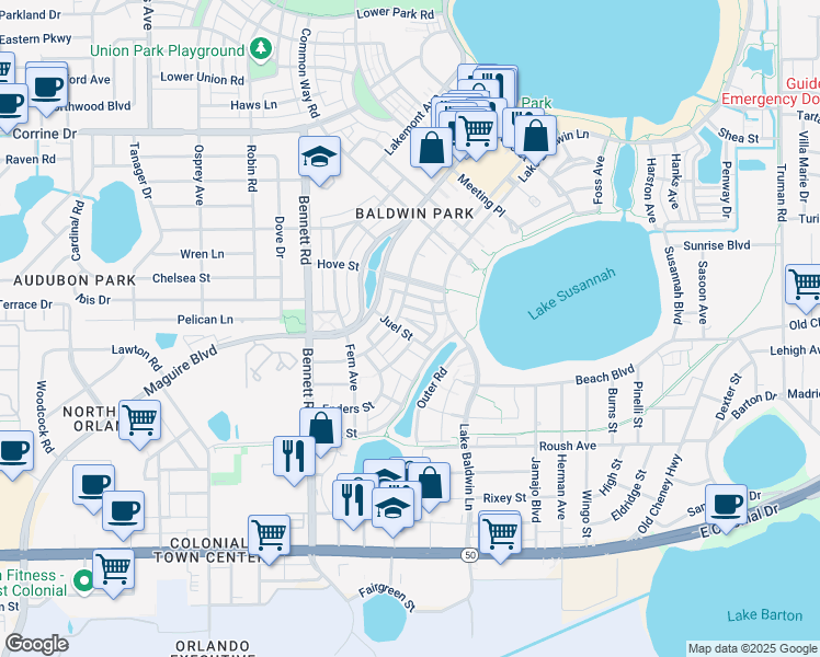 map of restaurants, bars, coffee shops, grocery stores, and more near 1027 Juel Street in Orlando