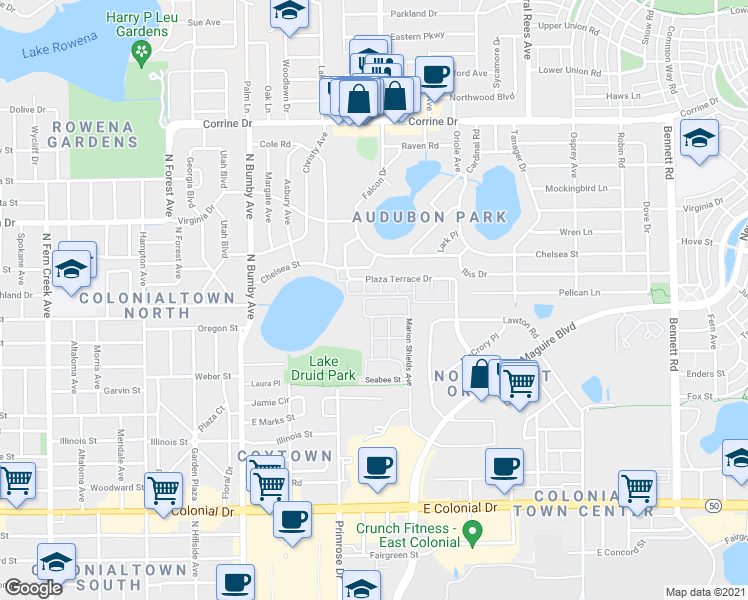 map of restaurants, bars, coffee shops, grocery stores, and more near 2882 Plaza Terrace Drive in Orlando