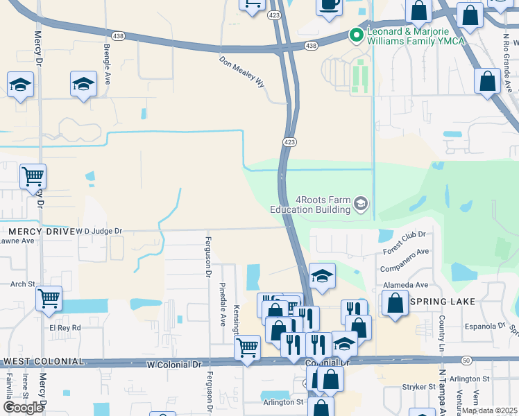 map of restaurants, bars, coffee shops, grocery stores, and more near 1124-1160 North John Young Parkway in Orlando