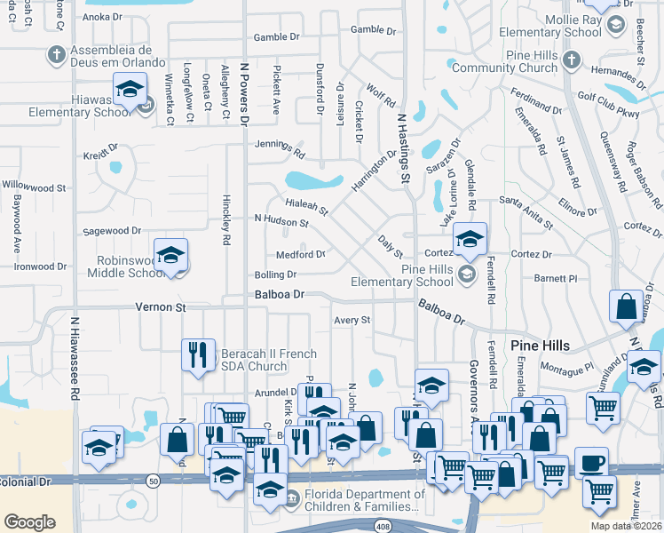 map of restaurants, bars, coffee shops, grocery stores, and more near 6028 Medford Drive in Orlando