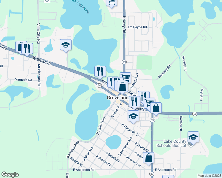 map of restaurants, bars, coffee shops, grocery stores, and more near 304 West Broad Street in Groveland