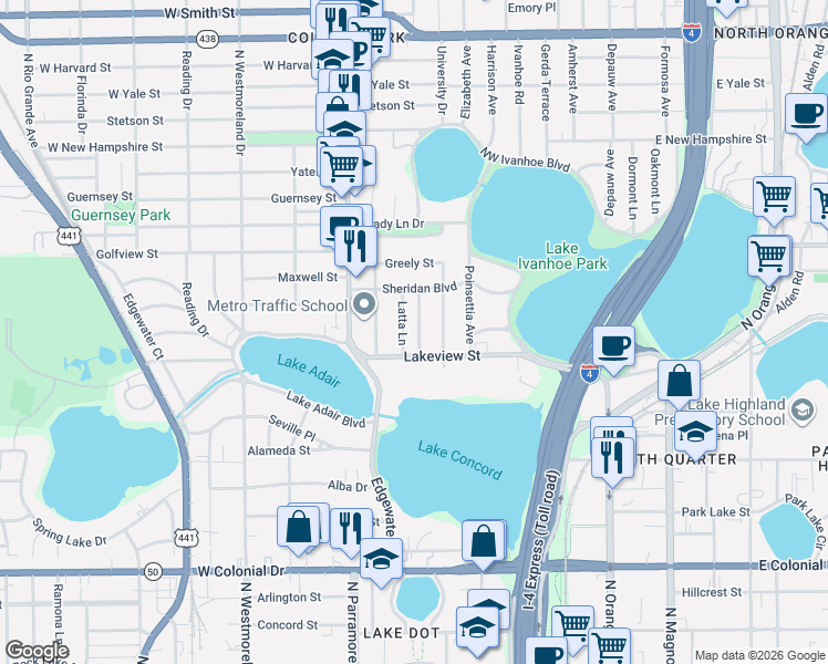 map of restaurants, bars, coffee shops, grocery stores, and more near 1206 Edwards Lane in Orlando