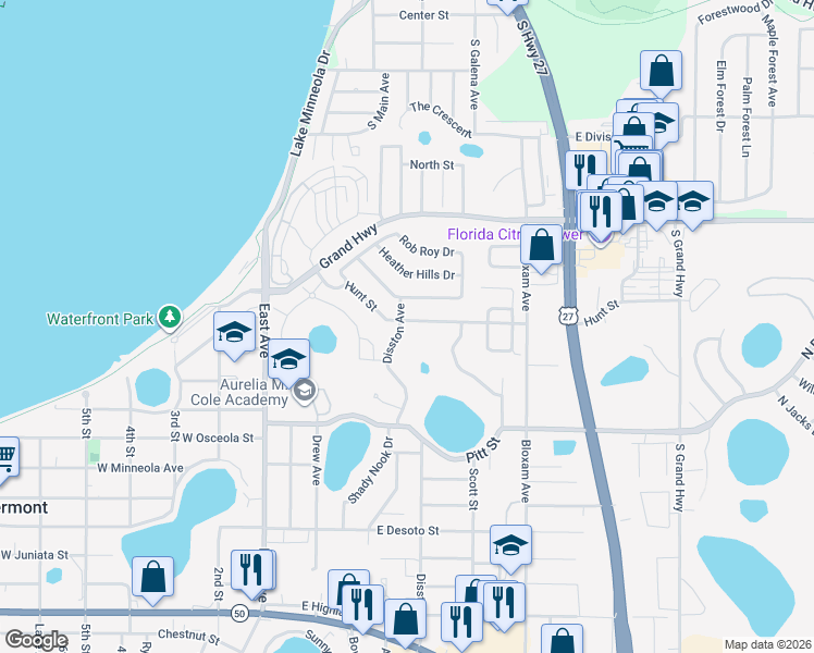 map of restaurants, bars, coffee shops, grocery stores, and more near 255 Hunt Street in Clermont