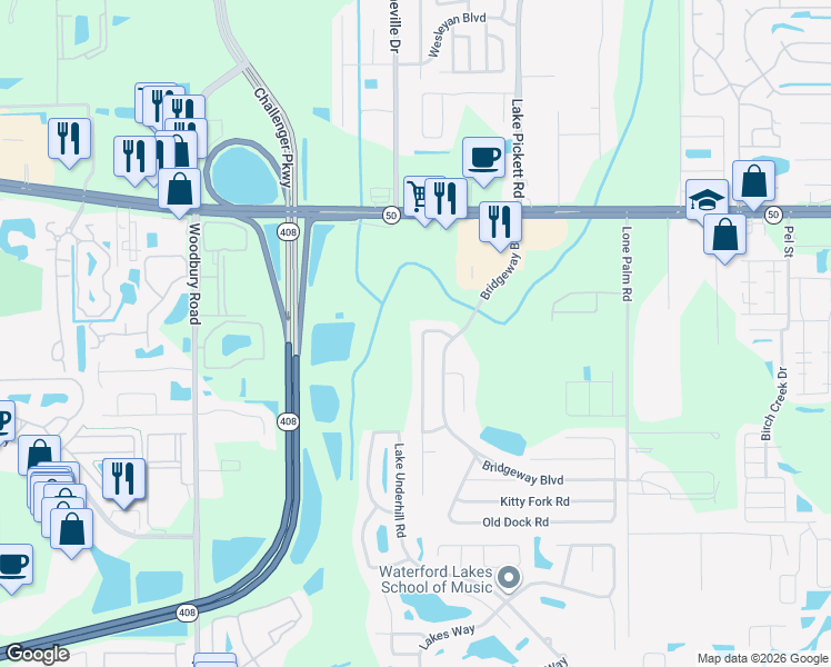 map of restaurants, bars, coffee shops, grocery stores, and more near 1214 Cherry Valley Way in Orlando