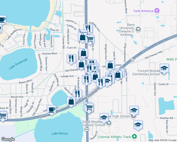 map of restaurants, bars, coffee shops, grocery stores, and more near 1113 North Semoran Boulevard in Orlando