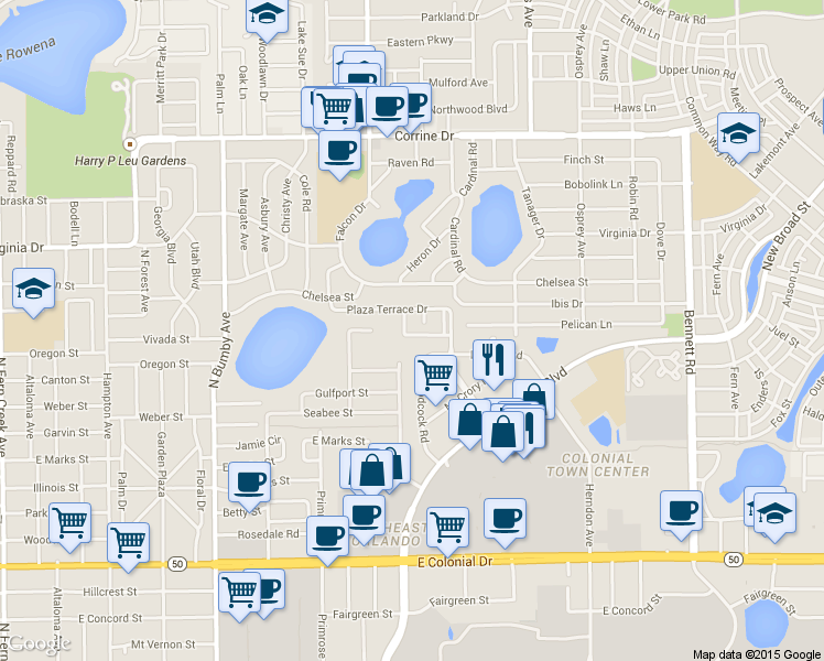 map of restaurants, bars, coffee shops, grocery stores, and more near 2992 Plaza Terrace Drive in Orlando