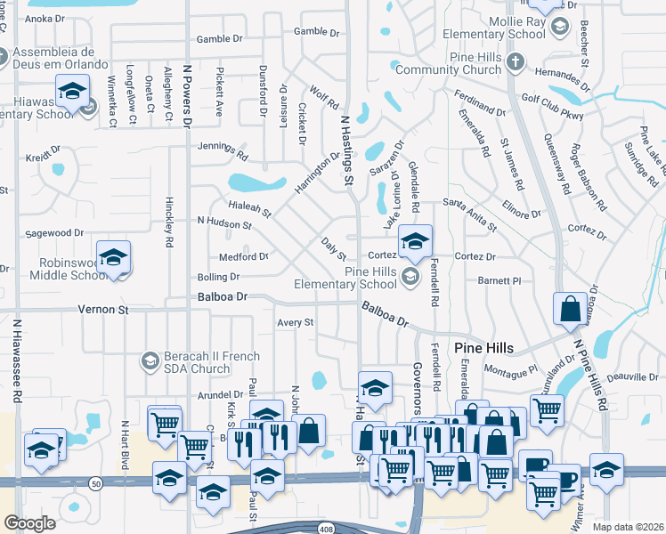 map of restaurants, bars, coffee shops, grocery stores, and more near 1544 Daly Street in Orlando