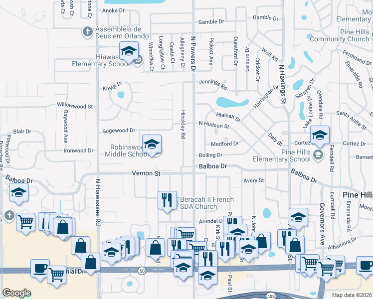 map of restaurants, bars, coffee shops, grocery stores, and more near 1626 North Powers Drive in Orlando