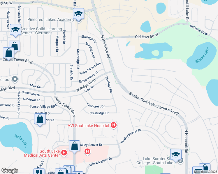 map of restaurants, bars, coffee shops, grocery stores, and more near 800 Skyridge Road in Clermont