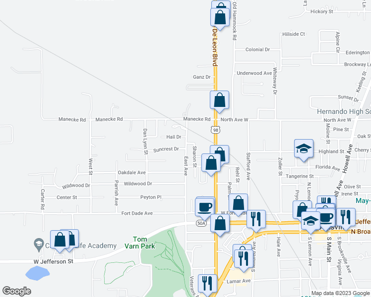 map of restaurants, bars, coffee shops, grocery stores, and more near 33715 Suncrest Drive in Brooksville