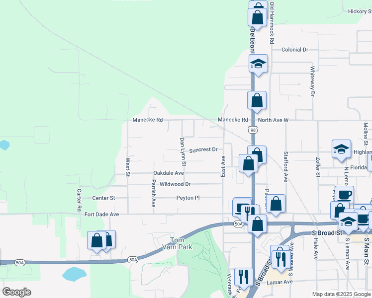 map of restaurants, bars, coffee shops, grocery stores, and more near 20039 Suncrest Drive in Brooksville