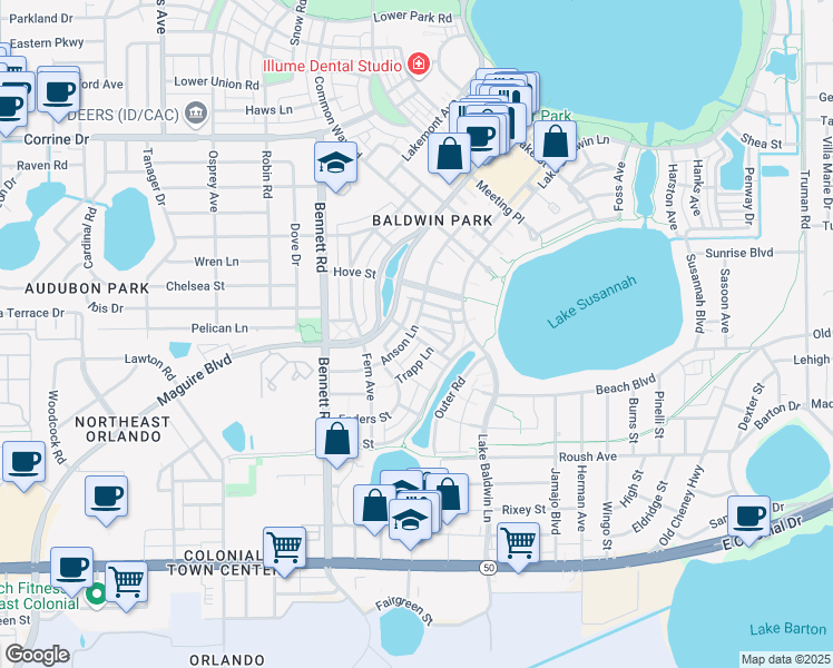 map of restaurants, bars, coffee shops, grocery stores, and more near 1027 Juel Street in Orlando