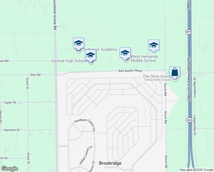 map of restaurants, bars, coffee shops, grocery stores, and more near 16037 Brookridge Boulevard in Brooksville