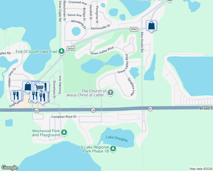 map of restaurants, bars, coffee shops, grocery stores, and more near 14525 Sawgrass Drive in Clermont