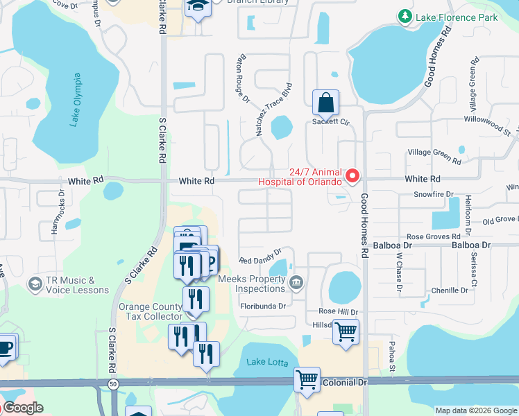 map of restaurants, bars, coffee shops, grocery stores, and more near 9106 Pristine Circle in Orlando