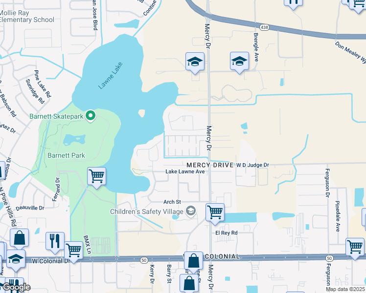 map of restaurants, bars, coffee shops, grocery stores, and more near 1488 Mercy Drive in Orlando