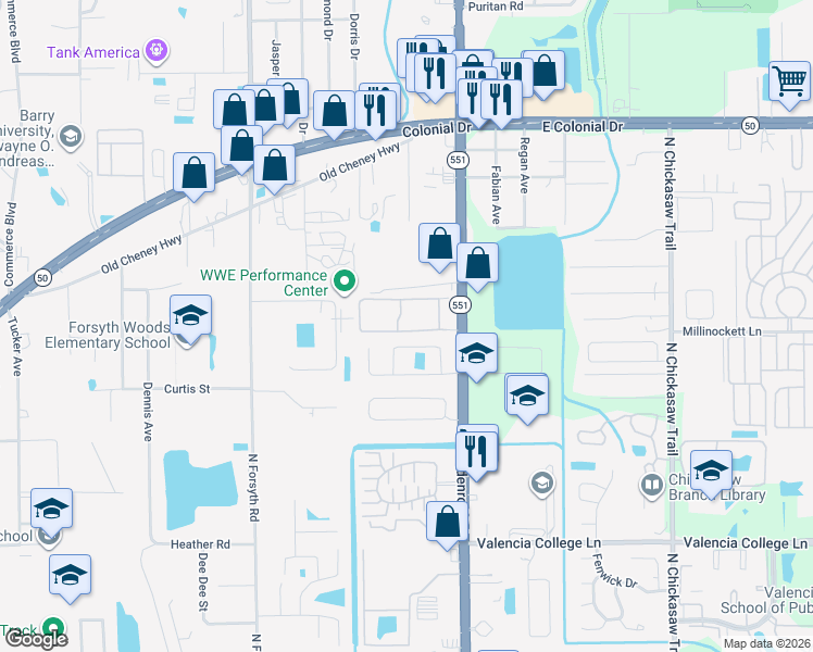 map of restaurants, bars, coffee shops, grocery stores, and more near 1201 Club Goldenrod Lane in Orlando