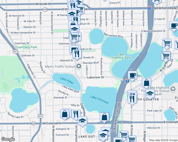map of restaurants, bars, coffee shops, grocery stores, and more near 1206 Edwards Lane in Orlando