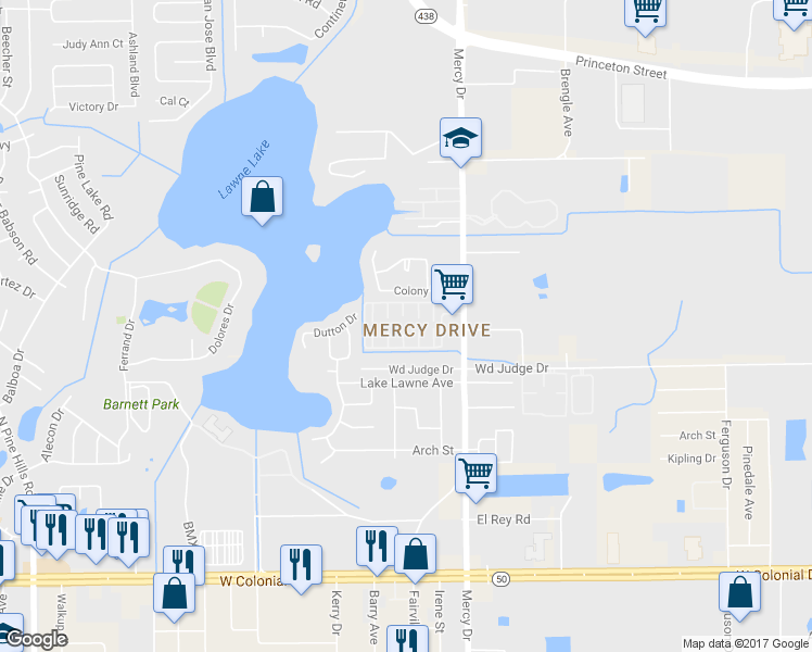 map of restaurants, bars, coffee shops, grocery stores, and more near 1488 Mercy Drive in Orlando