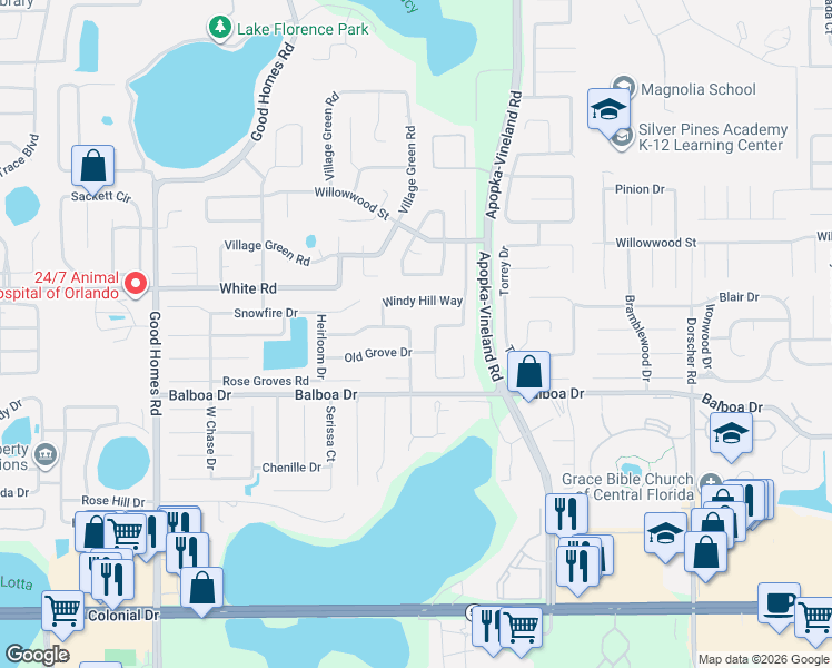 map of restaurants, bars, coffee shops, grocery stores, and more near 1421 High Grove Way in Orlando