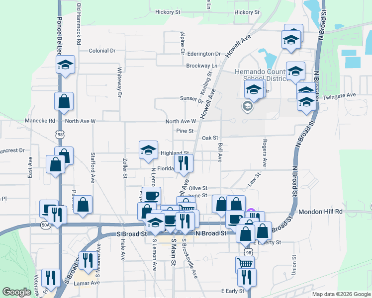 map of restaurants, bars, coffee shops, grocery stores, and more near 509 Park Way in Brooksville