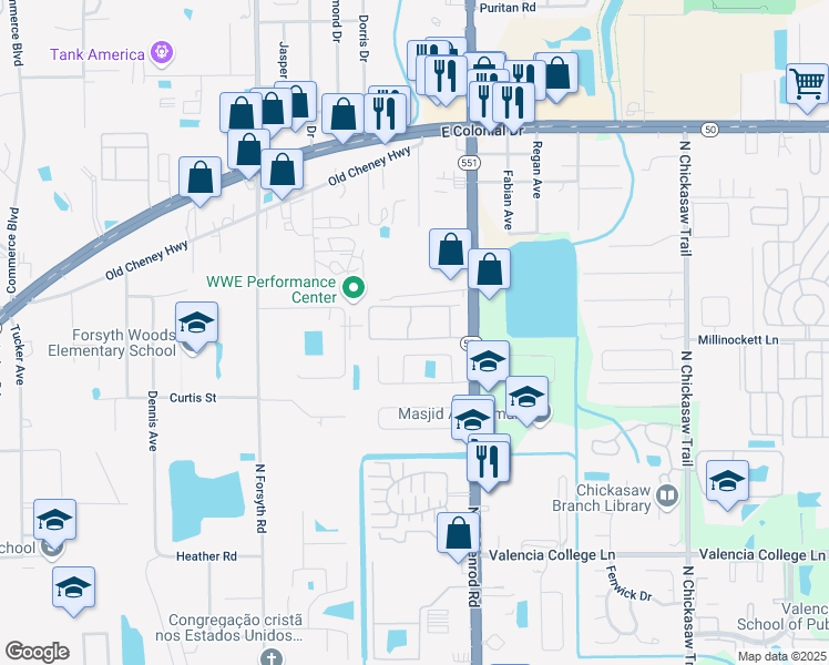 map of restaurants, bars, coffee shops, grocery stores, and more near 1201 Club Goldenrod Lane in Orlando