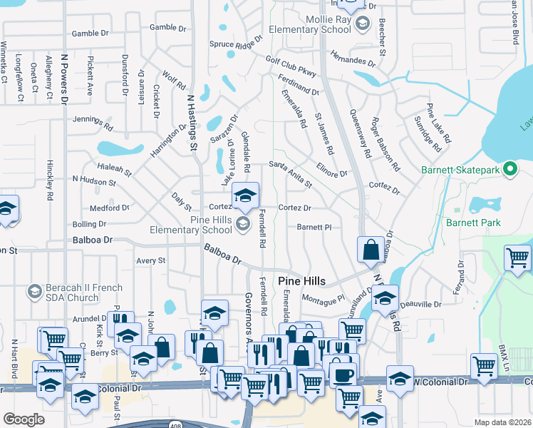 map of restaurants, bars, coffee shops, grocery stores, and more near 1103 Ferndell Road in Orlando