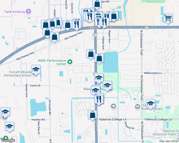 map of restaurants, bars, coffee shops, grocery stores, and more near 7451 Gatehouse Circle in Orlando
