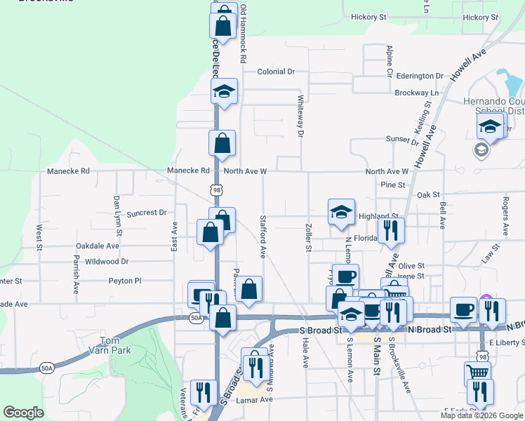 map of restaurants, bars, coffee shops, grocery stores, and more near 505 Stafford Avenue in Brooksville